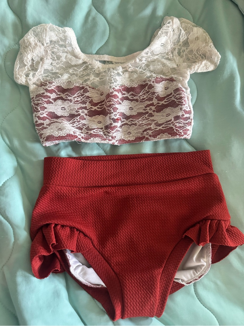 Kids Two-Piece Lace Crop Top and High-Waist Ruffle Briefs - Cream and Rust